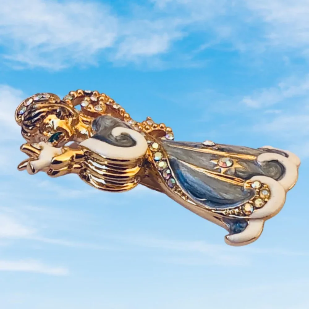 Christopher Radko Vintage Christmas Angel Brooch Blue Enamel Rhinestones Dove